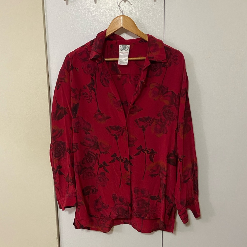 100% Silk Red Floral Button Down Shirt